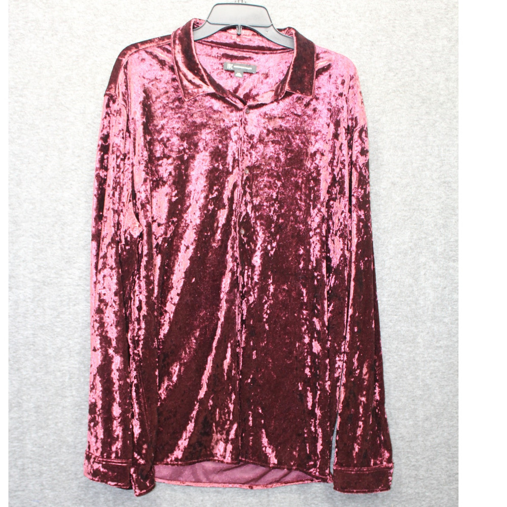 INC Womens 2XL Dark Red Crushed Velvet Button Down Shirt Holiday Long Sleeve